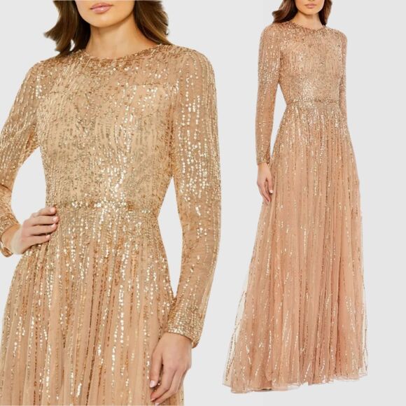Mac Duggal 5636 Size 10 Gold Latte Sequin High Neck Long Sleeve Maxi Gown Dress - Picture 1 of 4